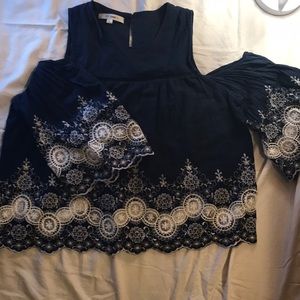 Cold shoulder blue and white top